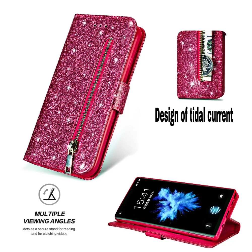 Glitter Zipper Phone Cases For Samsung Galaxy note 9 8 S9 S8 plus s7 S6 edge A5 J3 J7 2017 J3 J4 J6 J7 A6 PLUS 2018 Leather Case