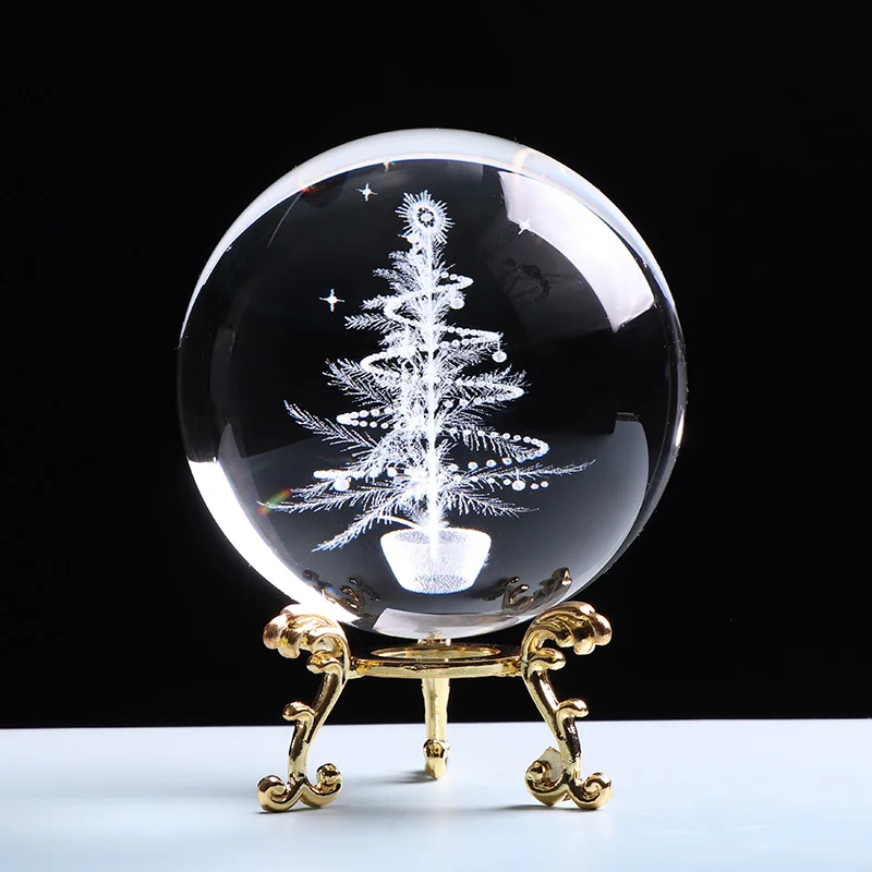 80 мм Хрустальный шар для 3D лазерной гравировки миниатюрная стеклянная подвеска с рождественской елкой хрустальный, круглый ремесло Сфера Рождественский подарок для декора орнамент - Цвет: with gold base