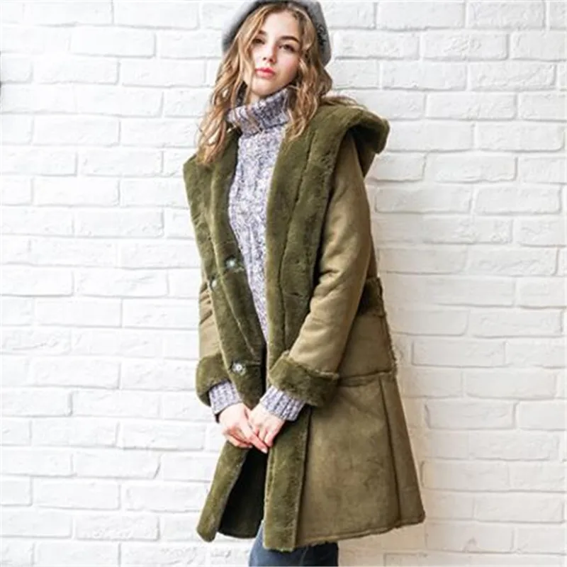 Fast Shipping Long Turn Down Collar Army Green Long Sleeve Fashion Double Breated Thick Manteau Femme
