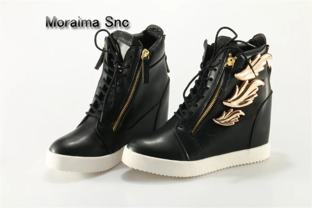 

Moraima Snc Lace Up Shoes Back Zip Ankle Boots Women Height Increasing Women Shoes Gold Leaves Decor Sneakers Shoes high quality