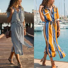 Women Side Split Shirt Dress Stripe Printed Long Sleeves Button Bandage Belt Chemise Long Dress Black black side pockets long sleeves outerwear