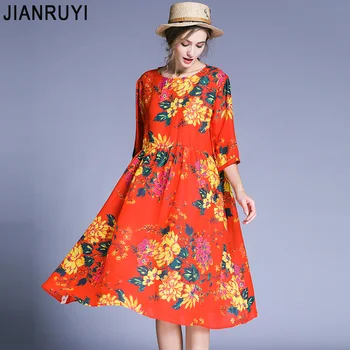 

JIANRUYI Loose large size women's 2018 summer new age-reducing fashion ramie print dress6720