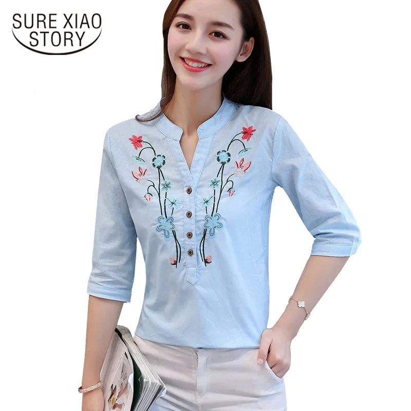 

Summer New V-neck formal Women Blouse shirt half Sleeved Cotton Linen Floral embroidered women's clothing tops blusas d377 30
