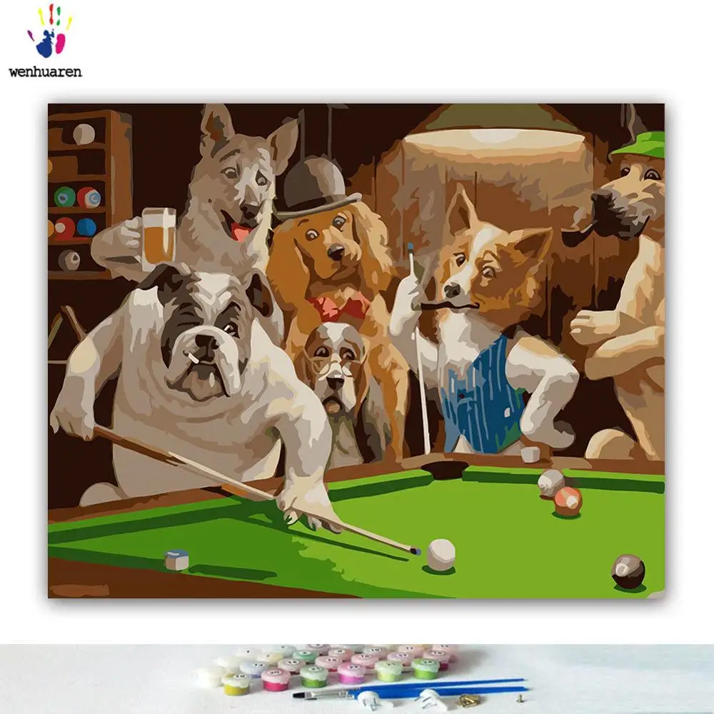 DIY картина по номерам группа собак Игральные карты и бильярд картины с наборы 40x50 оформлена - Цвет: 100352