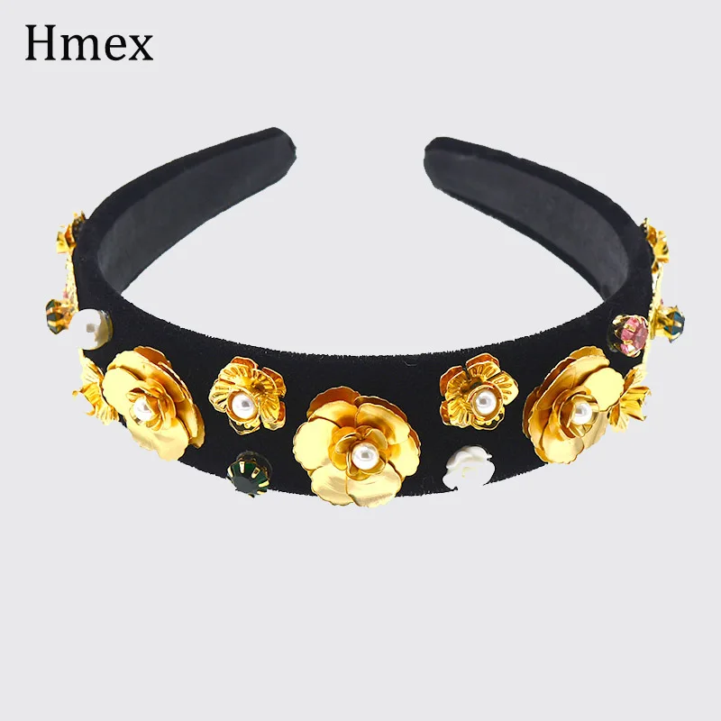 

New Baroque Rhinestones Pearl headband for women Hair Jewelry gold Pierced Engraved Flower Headwear Hair Accessories