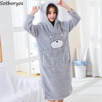 

Nightgowns Women Winter Lovely Cartoon Ears Hooded Thicker Warm Soft Womens Sleepwear Loose Casual Trendy Homewear Long Sleeve