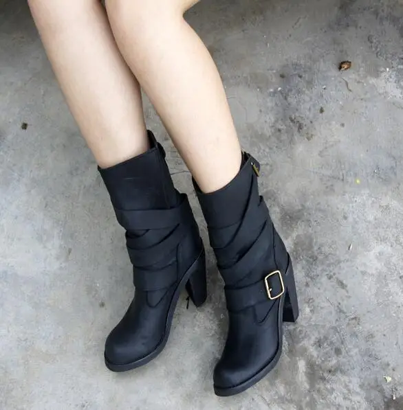 

2016 fashion cross strap woman ankle boots chunky heels hot selling winter buckle strap retro style woman shoes name brand