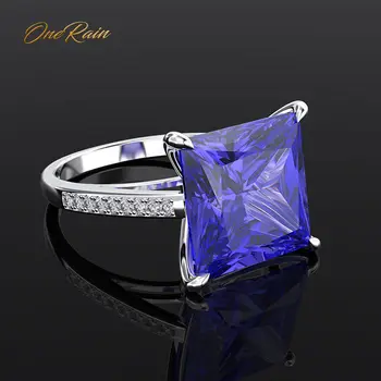 

OneRain Classic 100% 925 Sterling Silver Square Blue Sapphre Gemstone Engagement Wedding Couple Rings Jewelry Wholesale Sz 5-12