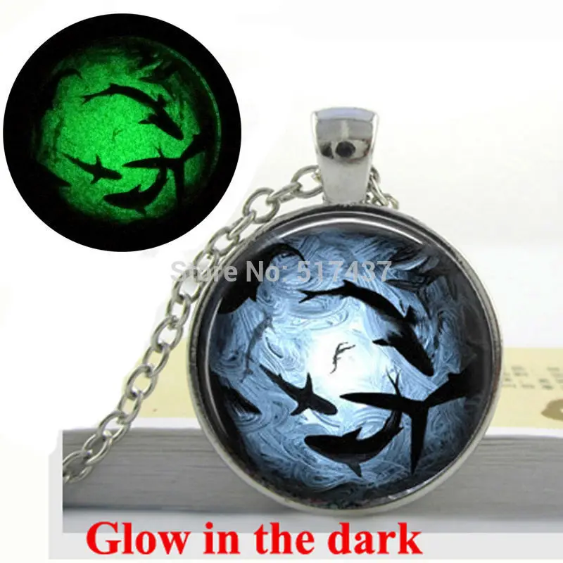 

Glow in the dark necklace Men's Shark Necklace Circling Sharks Jewelry Glass Cabochon Necklace Diver Necklace Glowing Jewelry