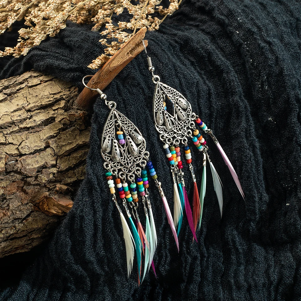 

Golden Silver Vintage Ethnic Long Rainbow Feather Tassel Dangle Drop Earrings for Women Female 2018 Indian Jewelry Accessories