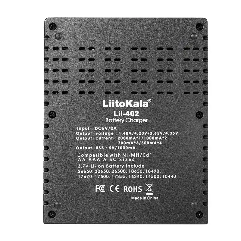 Liitokala Lii-402 зарядное устройство умный, микро USB зарядка NiMH литий-ионная батарея DC 5V 4 слота 18650/26650/16340/14500