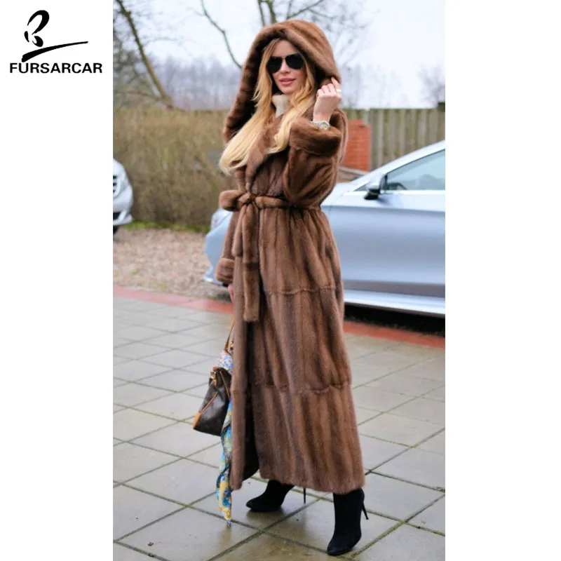 FURSARCAR 2018 New Women Real Mink Fur Coats With Big Fur Hood Full Pelt Thick Long Jacket Female Mink Fur Coat Coats