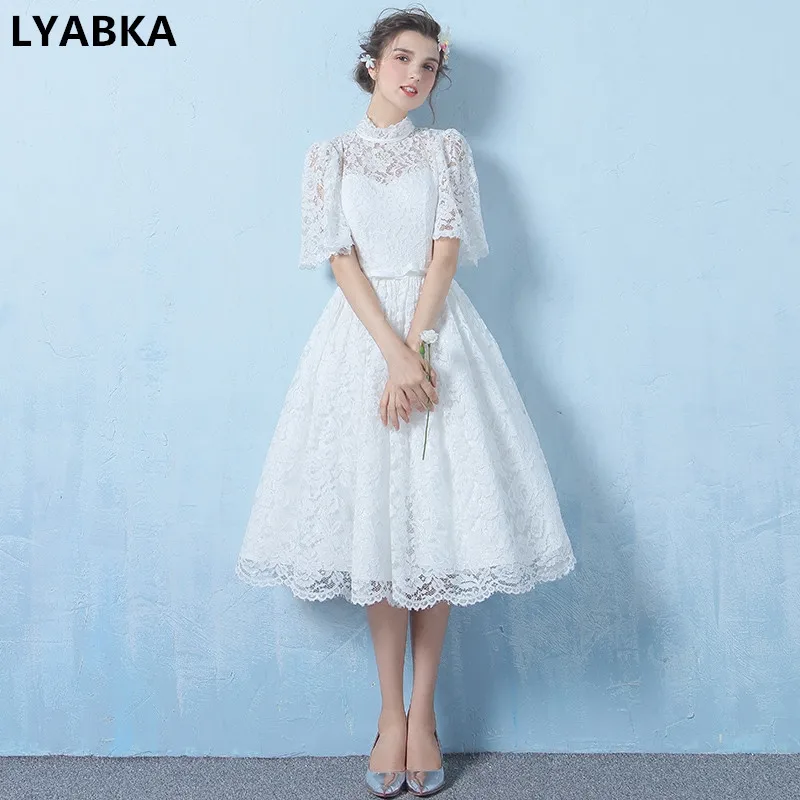 

Crazying Sale High Neck Prom Dresses Vestido De Festa 2019 Fashion A-line White Lace Prom Dress Short Half Sleeve High Quality