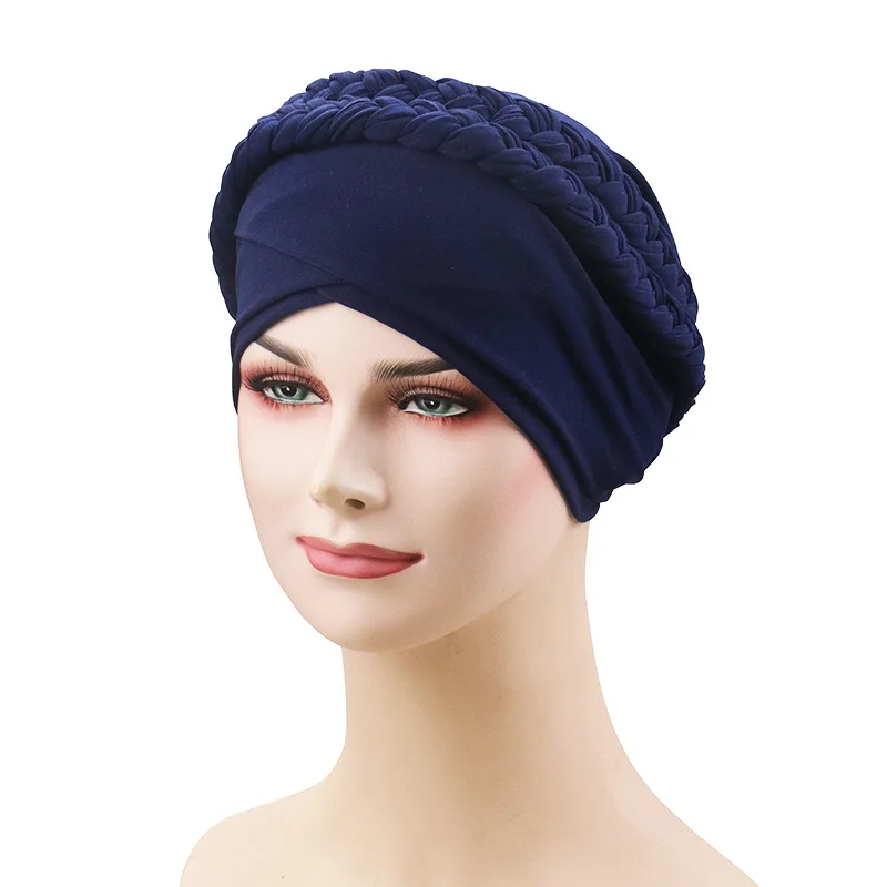 Мусульманские женщины Твист коса Шелковый Тюрбан шляпа шарф Рак шапка Хемо шапочка для химиотерапии хиджаб головные уборы головной убор аксессуары для волос - Цвет: Navy