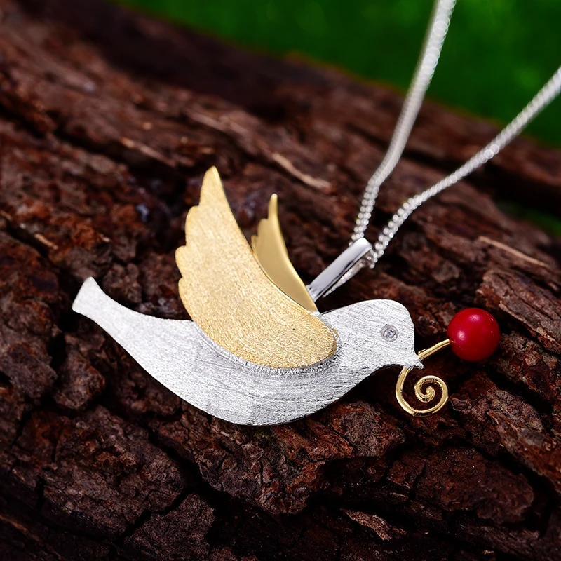 Lotus Fun Real 925 Sterling Silver Handmade Fine Jewelry Creative Flying Pigeon with Fruits Pendant without Necklace for Women