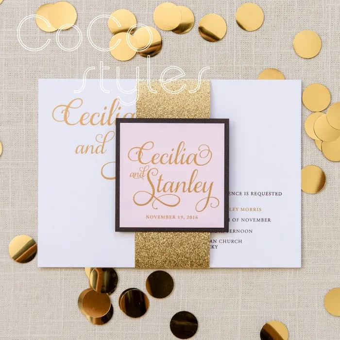  Cocostyles customized shiny glitter invitation card set with gold foiling printing for fantasy wedd - 32890848780