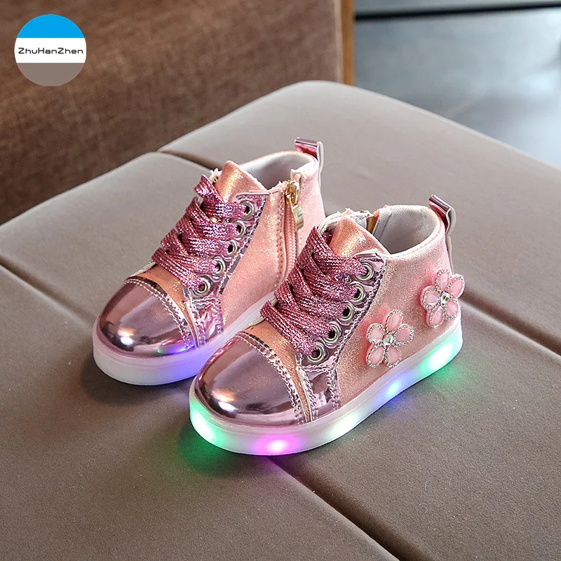 Детская спортивная обувь, модная повседневная обувь для девочек, светодиодный светильник, обувь принцессы с цветами, детские ботинки высокого качества