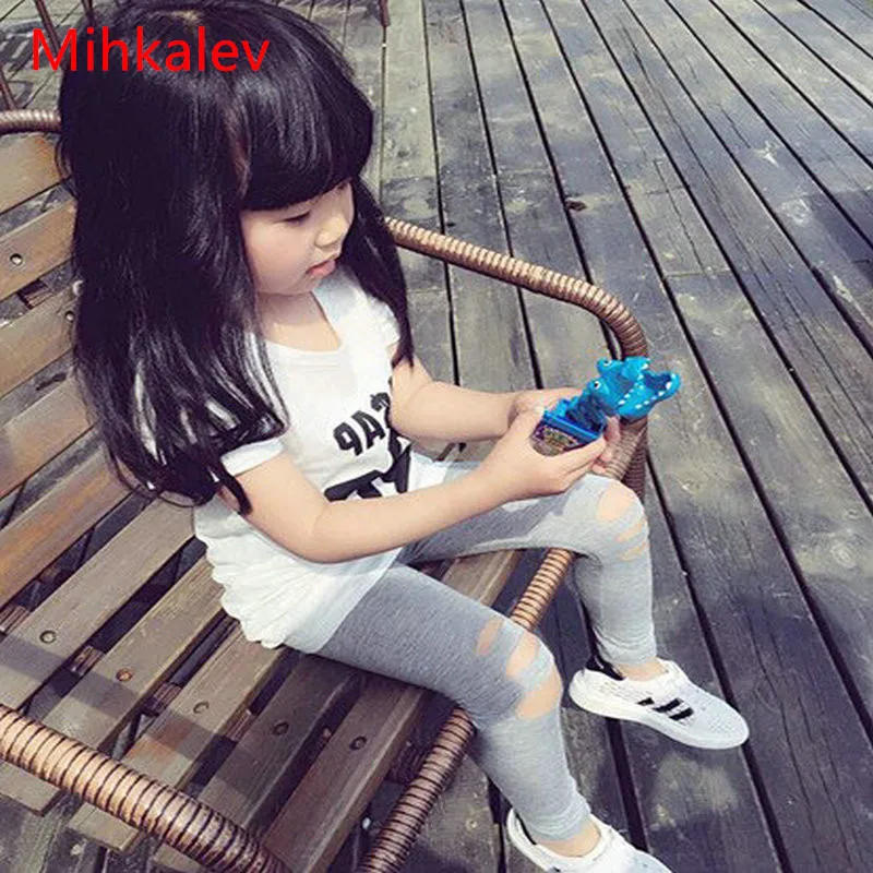 

Mihkalev Spring Girls leggings for children broken hole pants Gray Color kids skinny pants baby girl leisure trousers costume