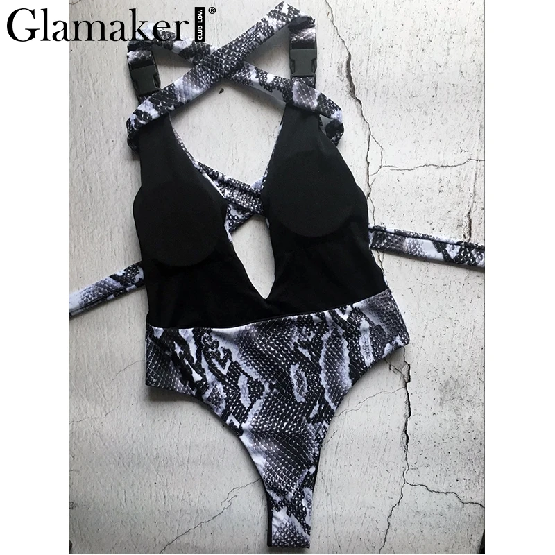 Glamaker ليوبارد طباعة الأحمر النساء ارتداءها مثير عميق v الرقبة الإناث مشبك ضمادة يوتار رفع عالية قطع واحدة قطعة بدلة للجسم