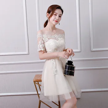 

Champagne Women Slim Qipao Summer Sexy Mini Chiffon Evening Party Dress Short Sleeve Lace Flower Bridesmaid Wedding Vestidos