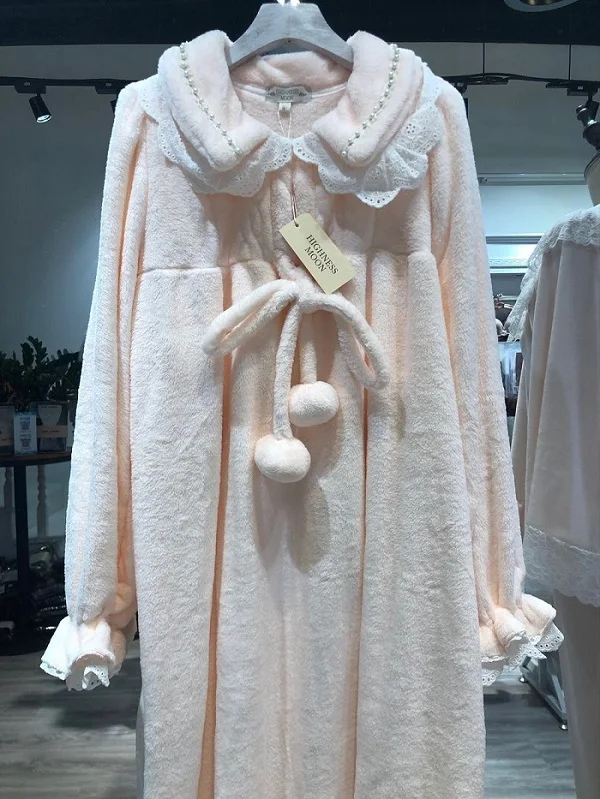 Зимние плотные теплые фланелевые женские ночные рубашки с длинным рукавом, женская ночная рубашка Королевского Белого цвета, кружевное ночное белье размера плюс 029 - Цвет: Розовый