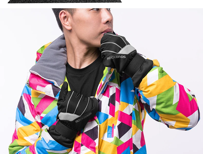 ROCKBROS теплые перчатки для сноуборда, лыж Для мужчин Водонепроницаемый Сенсорный экран зимние теплые перчатки из флиса в байкерском стиле Велоспорт теплые перчатки
