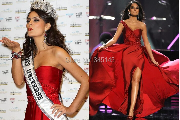

Sexy Amazing One Shoulder Celebrity Dresses Miss Universe A Line Beading Embellished side Slit Prom Dresses Evening Gowns
