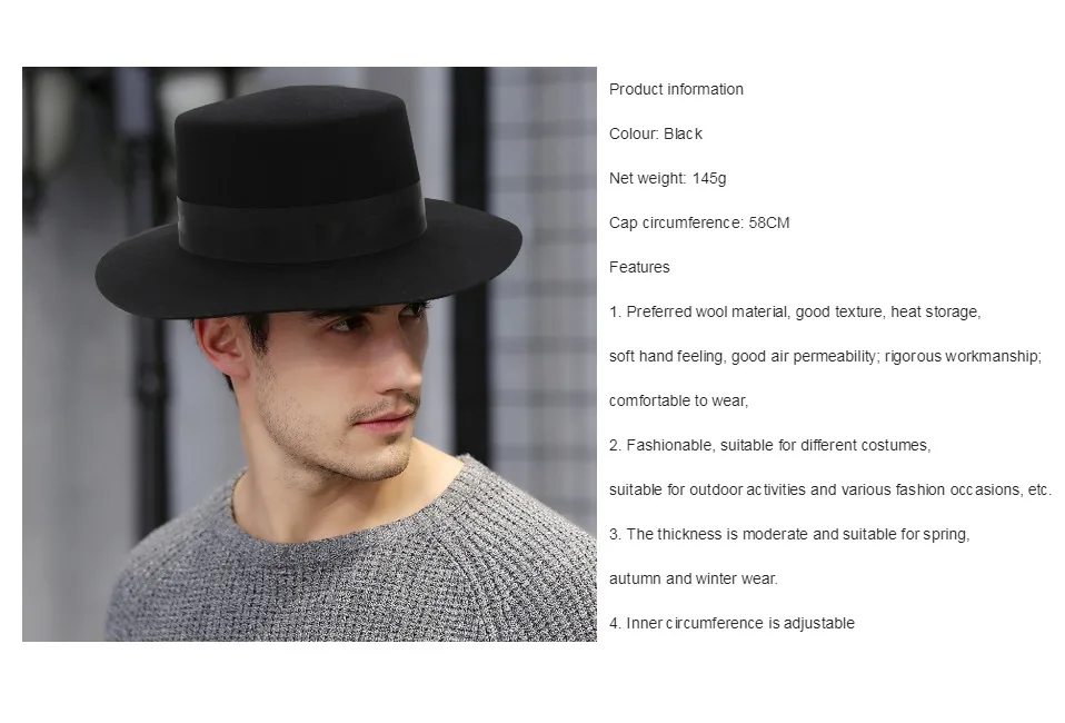 Кепка мужские шапки шляпка с узкими полями Новинка Мода шерсть Мужская Fedora шляпа одежда аксессуары шляпа для классической церковной шерсти фетровая шляпа