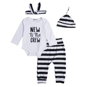 

Newborn Toddler Infant Baby Boy Girl Long Sleeve Romper Pants Striped Trousers Headband Hat 4PCS Outfits Casual Clothes