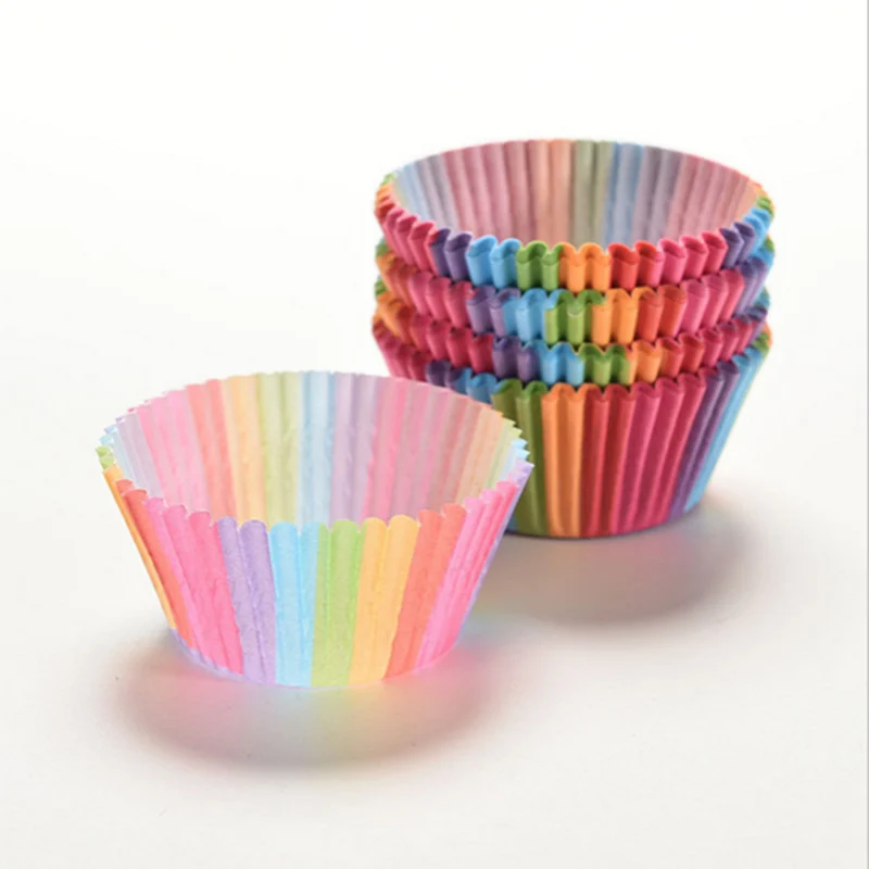 

100Pcs High quality Colorful Rainbow Paper Cake Cupcake Liner Baking Muffin Box Cup Case Party Tray Cake Mold Decorating Tools