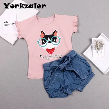 

Girls clothing set lovely shirt and jeans shorts kids 2 pcs clothing sets baby girl cute set summer outfits 100% cotton clothes