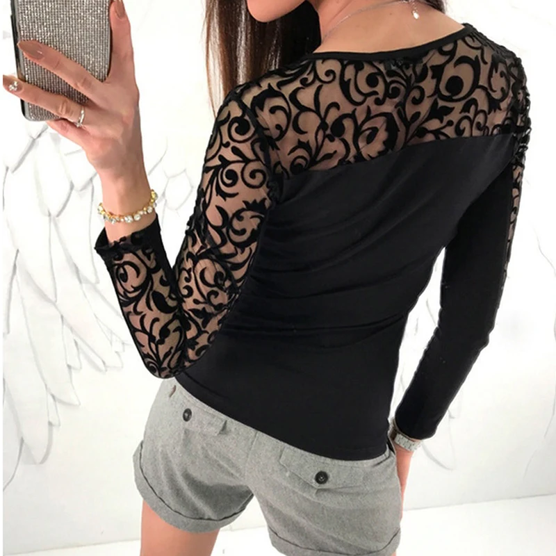 Новый стиль весна осень Кнопка Blusas Femininas Тонкий Кружева Цветы Лоскутная рубашка