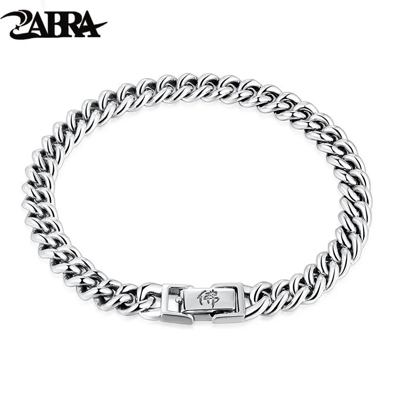 

ZABRA Solid 925 Sterling Silver Chain Link Bracelet Buddha Six Words Engrave 6mm Wide Punk Rock Vintage Biker Men Gift Jewelry