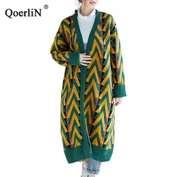 QoerliN Открыть стежка кардиганы для женщин для 2018 Осень Зима с длинным рукавом Длинный свитер куртка пальто Женская трикотажная одежда в