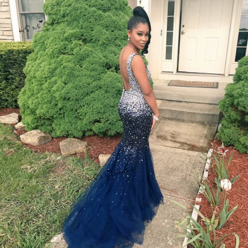 Abendkleider 2019 Navy Blue Luxury Evening Dresses Mermaid Long Evening Gowns Backless Crystals Women Beads Prom Party Dress