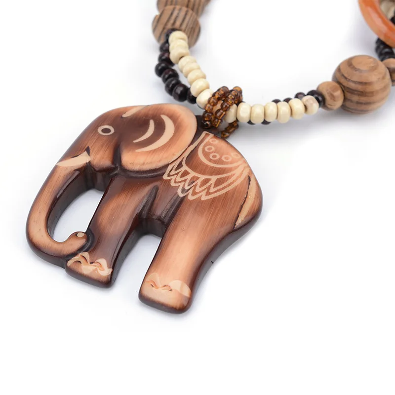 Boho 에스닉 쥬얼리 긴 손으로 만든 비드 코끼리 펜던트 긴 나무 목걸이 Bijoux 선물 발렌타인 데이 선물