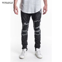 MORUANCLE Brand Designer Man Ripped Biker Jeans Pants Slim Fit Distressed Motorcycle Denim Joggers For Male Pleated Trousers