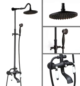 

Black Oil Rubbed Brass Dual Ceramic Handles Bathroom 8 Inch Round Rain Shower Faucet Set Bath Tub Mixer Tap Hand Shower mhg645