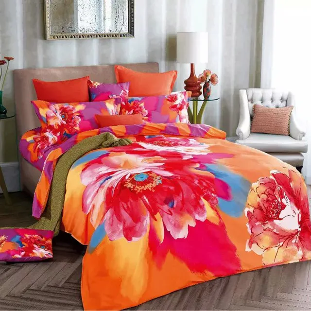 watercolor 3d chinese rose orange and purple bedding set for girls red orange sheets