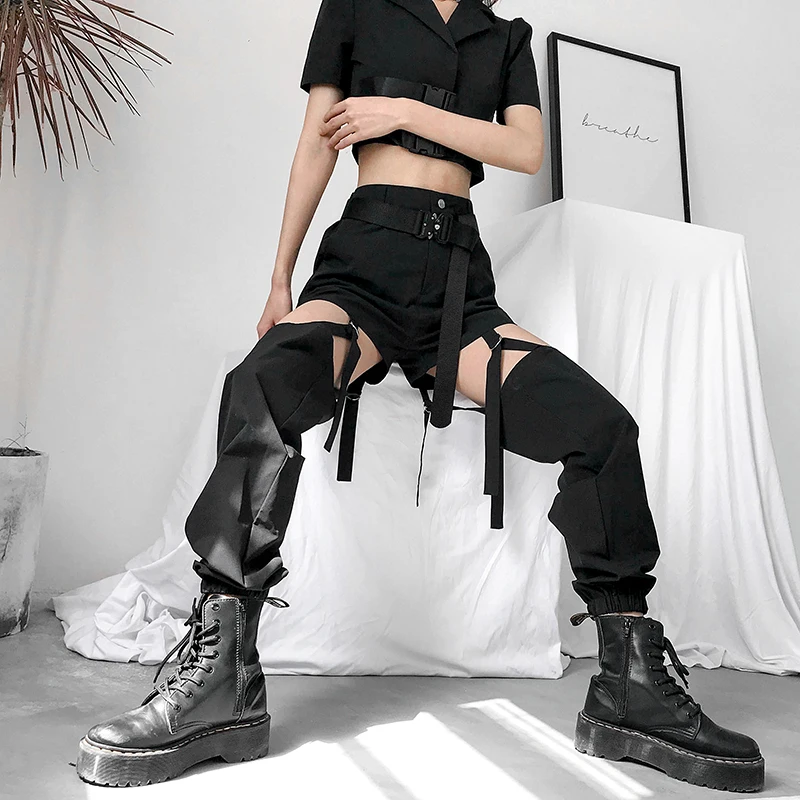 HEYounGIRL Харадзюку черные шаровары женские открытые сексуальные брюки женские уличные повседневные спортивные штаны Джоггеры в стиле хип-хоп летние