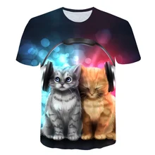Новинка года, футболка с 3d изображением кота для прослушивания музыки, футболка с принтом животных, женская и мужская забавная одежда, футболка, топы, футболки