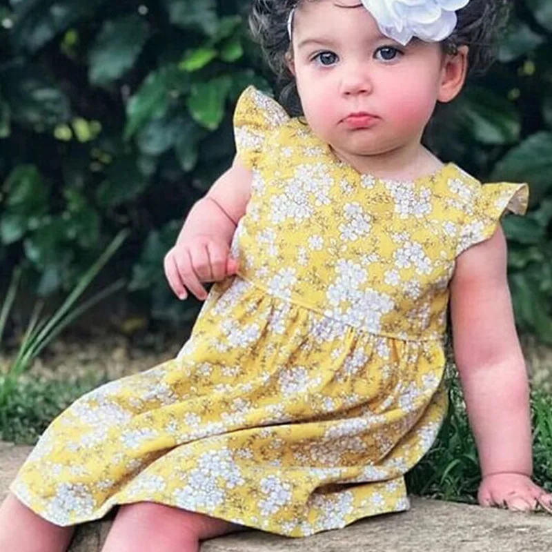 

Luna Blanco summer Toddler Baby Girl dress Floral toddler dress girls fashion 2019 Crew neck sleeveless dresses yellow color