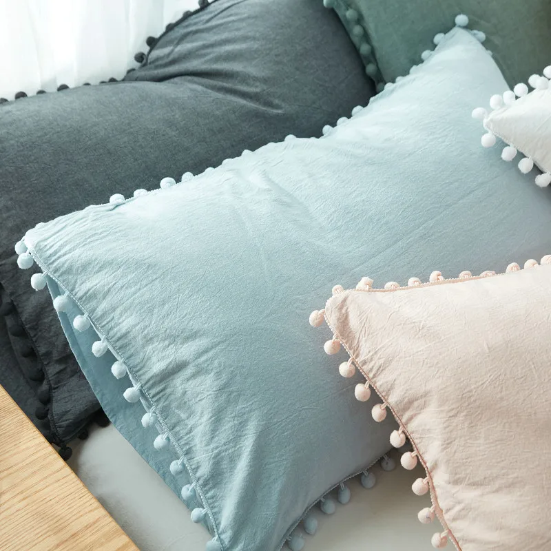 Хлопок, серый/светло-голубой/серый/розовый/белый, Европейский стиль, чехол для подушки с помпоном, одинарная наволочка, чехол для подушки