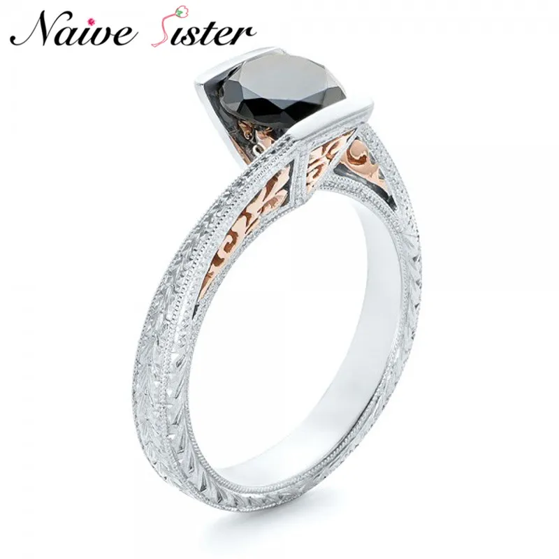 

Two-Tone Engagement Ring Black Cubic Zirconia Stone Personality Design Romantic Valentines Gift Fashion Love Rose Gold Jewelry