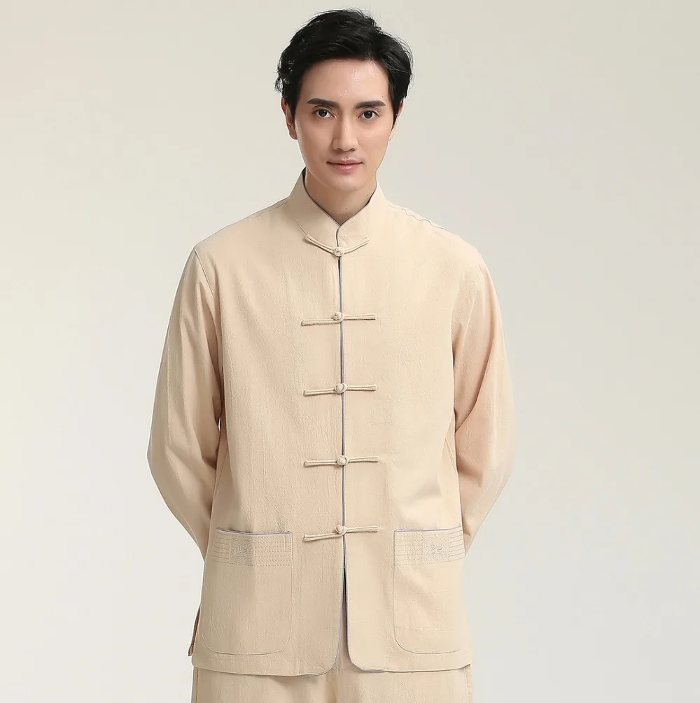 Beige New Chinese Men Tai Chi Kung Fu Shirt High Quality Cotton Linen