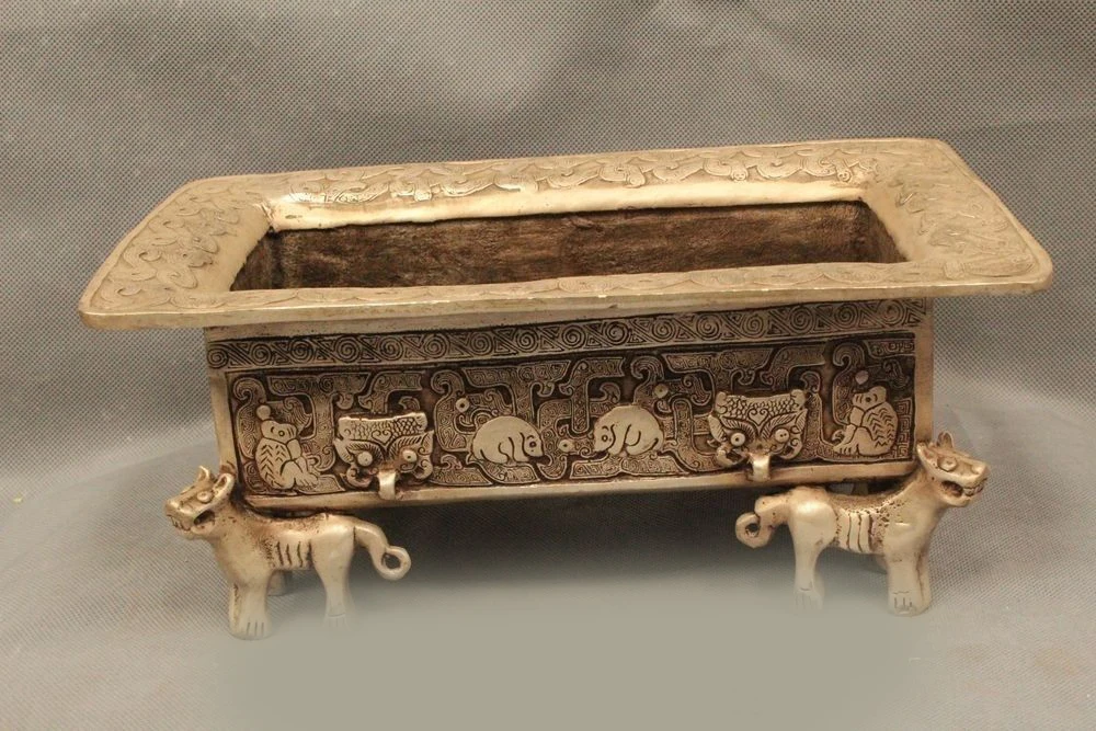 

DS 11" Marked Chinese China Folk Silver Animal Ding Incense Burner Censer Statue