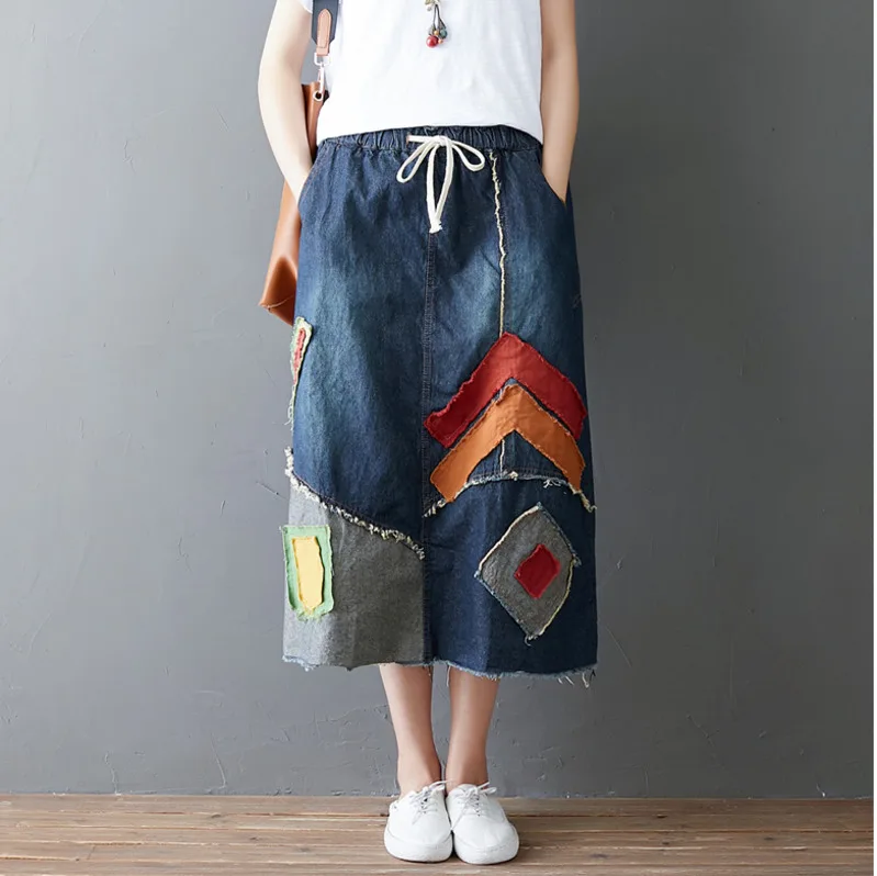 

#1774 Vintage Big Size Skirt In Women Spring Summer Women's Denim Skirts Elastic Waist Lace-up Loose Long Jeans Skirts For Women