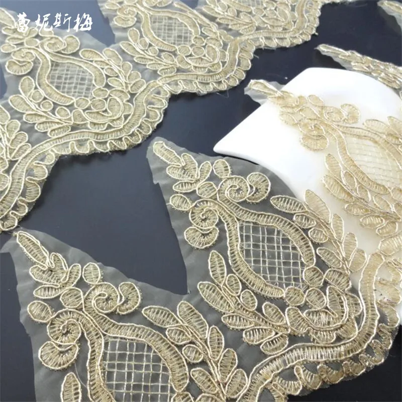 

Delicate 1Yard Wedding Dress Cording Lace Applique Gold Thread Embroidery Lace Accessories Trim 14.5cm LJ0073