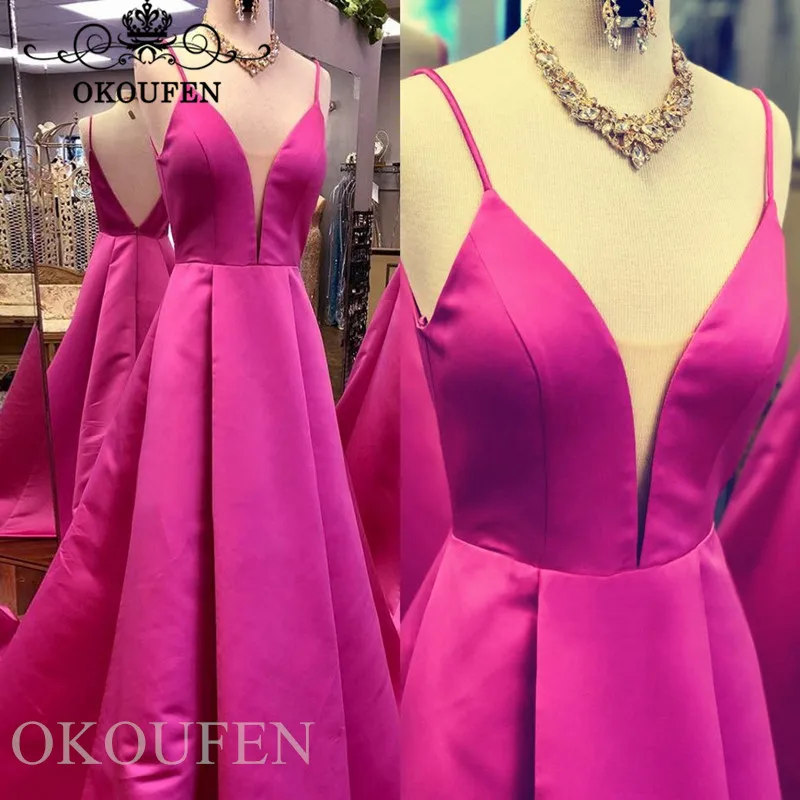 

Designer Fuchsia Satin Prom Dresses For Women 2019 Spaghetti Strap Backless Sweep Train Long Formal Evening Dress Party Gown