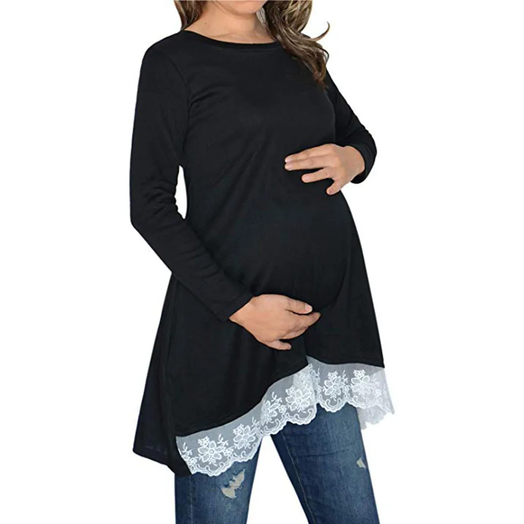 Модная одежда для беременных женщин, длинный рукав, кружевная кромка, туника для беременных, топ, блузка, Одежда для беременных, Прямая поставка
